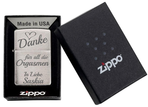 Zippo Chrom-Optik Sturmfeuerzeug mit Gravur - Benzin Feuerzeug mit Geschenk-Box - Geschenkidee für Frauen und Männer - Motiv: Orgasmus
