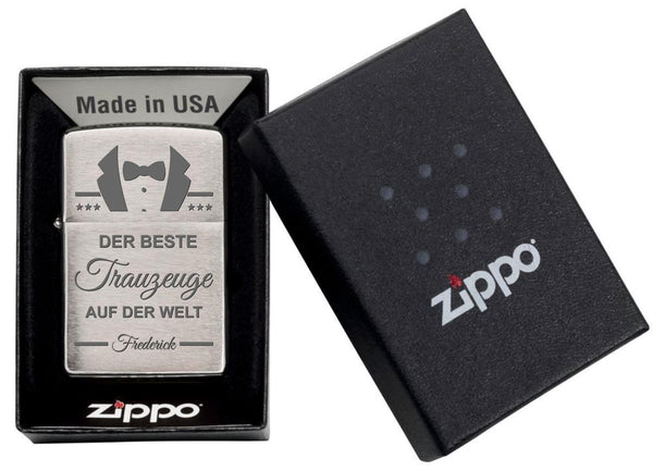 Sturmfeuerzeug  Zippo Chrom-Optik Sturmfeuerzeug mit Gravur - Benzin Feuerzeug mit Geschenk-Box - Geschenkidee für Frauen und Männer - Motiv: Trauzeuge