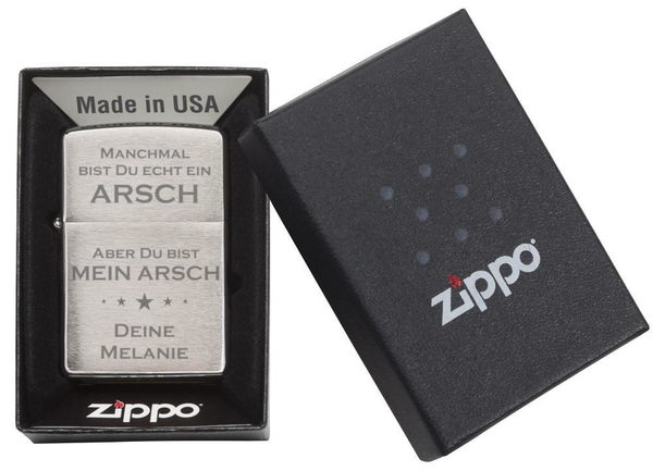 Zippo Chrom-Optik Sturmfeuerzeug mit Gravur - Personalisierte Benzin Feuerzeug mit Geschenk-Box - Geschenkidee für Frauen und Männer - Motiv: Arsch