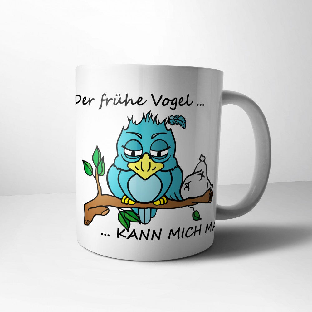 Lustige FUN Tasse mit Vogel OSKAR - "Der frühe Vogel kann mich mal" - Blau