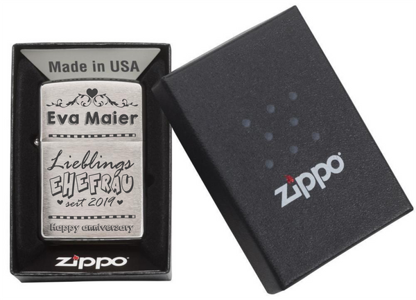 Zippo Chrom-Optik Sturmfeuerzeug mit Gravur - Personalisierte Benzin Feuerzeug mit Geschenk-Box - Geschenkidee für Frauen und Männer - Motiv: Ehemann/Ehefrau