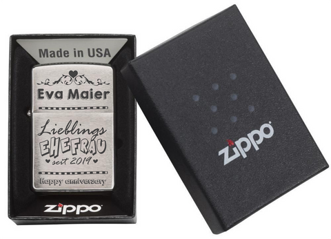 Zippo Chrom-Optik Sturmfeuerzeug mit Gravur - Personalisierte Benzin Feuerzeug mit Geschenk-Box - Geschenkidee für Frauen und Männer - Motiv: Ehefrau/Ehemann