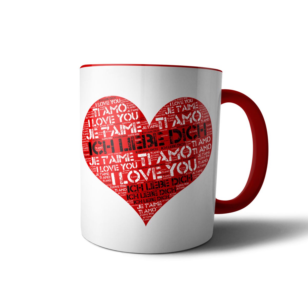 Liebes - Tasse "Ich liebe Dich" Text in vier Sprachen in Herzform - perfekt für die Liebe seines Lebens oder Valentinstag