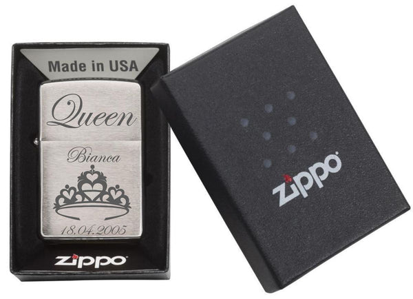 Zippo Chrom-Optik Sturmfeuerzeug mit Gravur - Personalisierte Benzin Feuerzeug mit Geschenk-Box - Geschenkidee für Frauen und Männer - Motiv: King & Queen