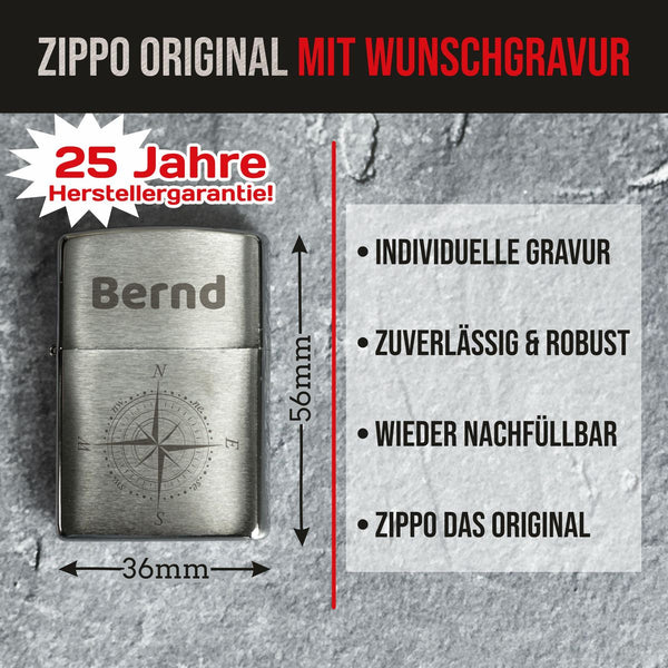 Creativgravur - Zippo mit Gravur in Chrom-Optik - verschiedene Motive - Zippo Feuerzeug personalisiert mit Geschenk-Box - Zippo brushed als Geschenk