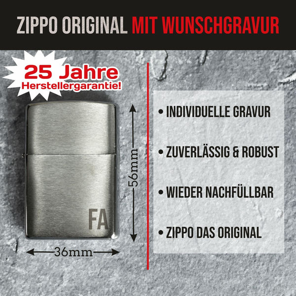 Creativgravur - Zippo mit Gravur in Chrom-Optik - verschiedene Motive - Zippo Feuerzeug personalisiert mit Geschenk-Box - Zippo brushed als Geschenk